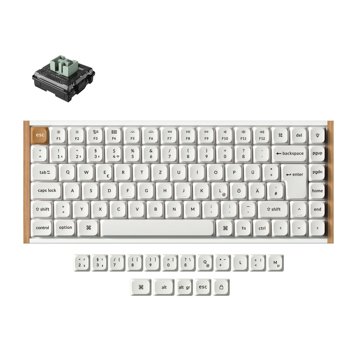 Mechanical keyboard with white keys and wooden frame