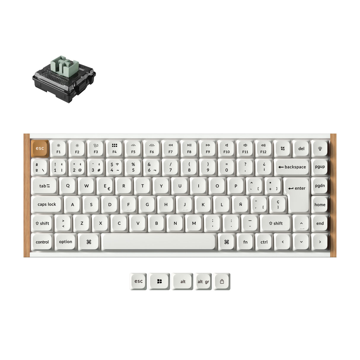 Mechanical keyboard with white keys and wooden frame