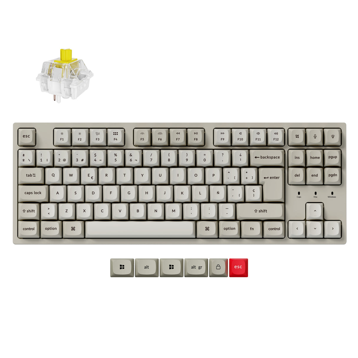 A mechanical keyboard shown on a plain white background, with a small inset of a transparent switch and a red switch keycap highlighted below the keyboard. The keyboard has a warm light gray/beige frame and keys, with a single red accent keycap.