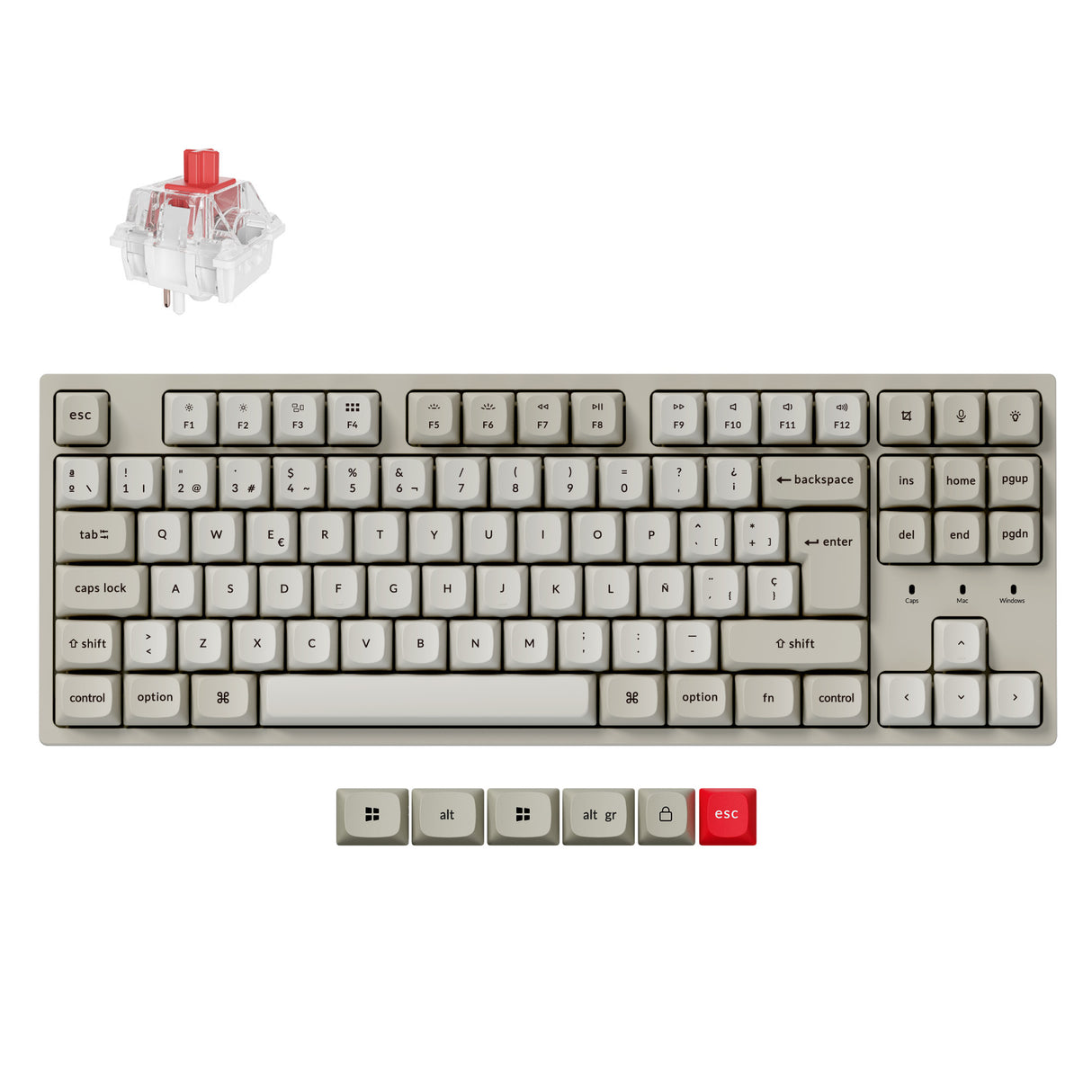 A mechanical keyboard shown on a plain white background, with a separate transparent switch and a red switch keycap displayed above and below the keyboard. The keyboard has a warm light gray/beige body with white keycaps and a single red accent keycap.
