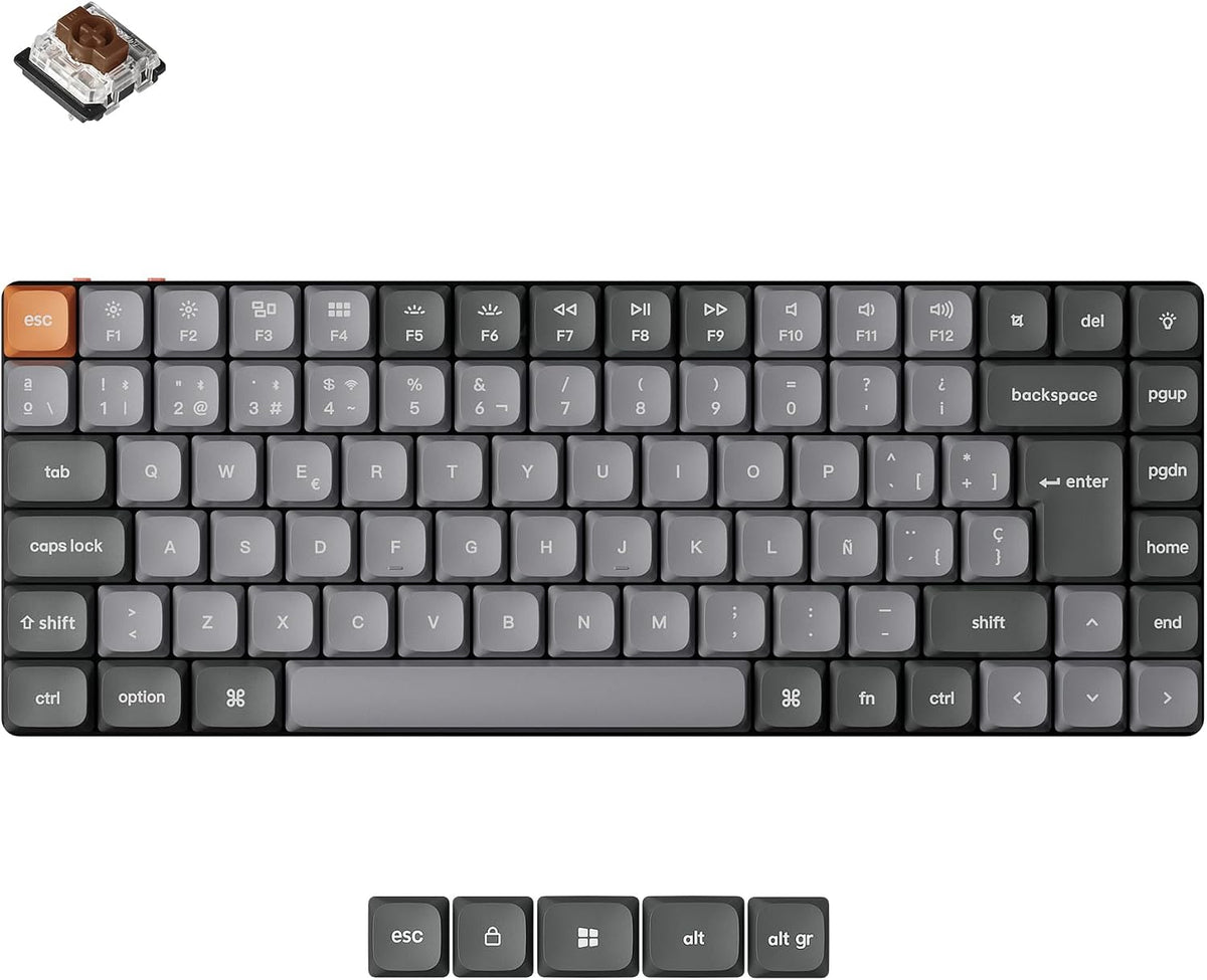 A compact mechanical keyboard layout shown on a white background, with a small inset of a switch in the top-left corner and four keycap legends labeled erso, lock, alt, and alt gr at the bottom. The keyboard has mostly dark gray to black keys with a single orange accent key at the upper left.