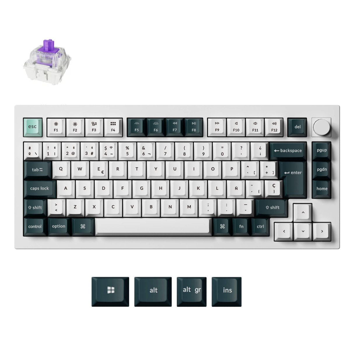 Mechanical keyboard with labeled keycaps on a white background