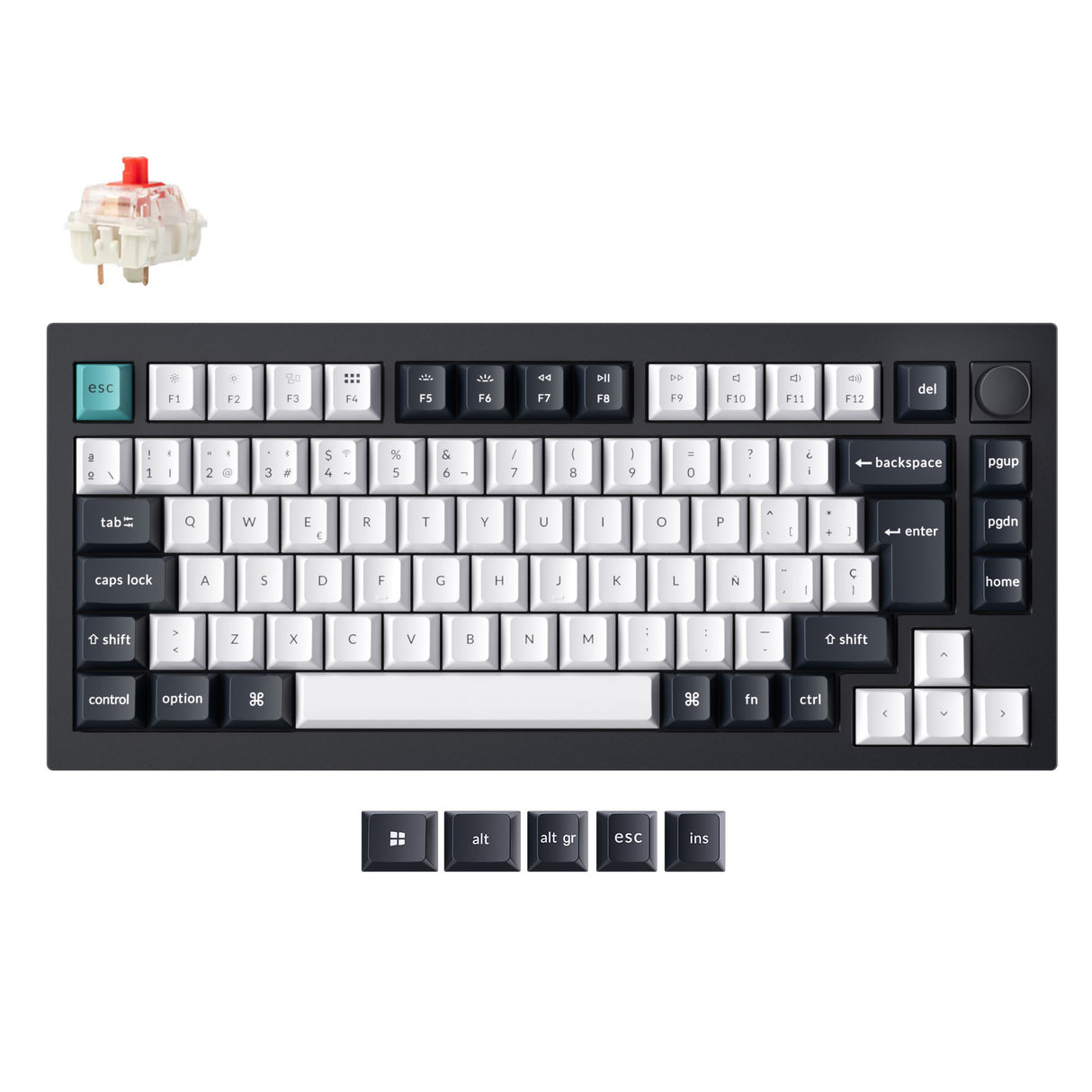Mechanical keyboard with white keycaps on a white background