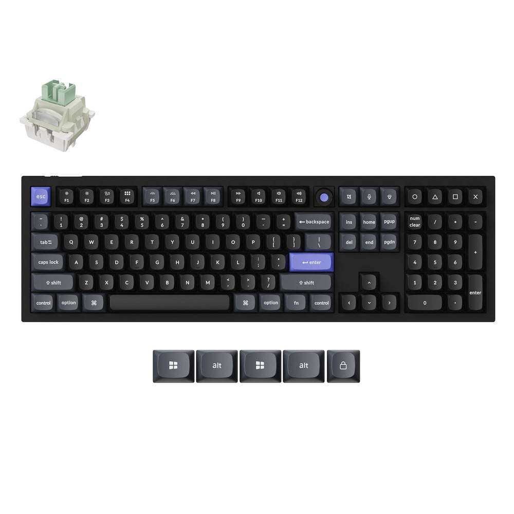 Mechanical keyboard with key switch and keycaps on a white background