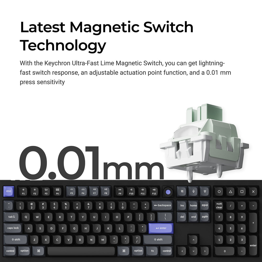Keyboard with magnetic switch technology highlighted on a white background