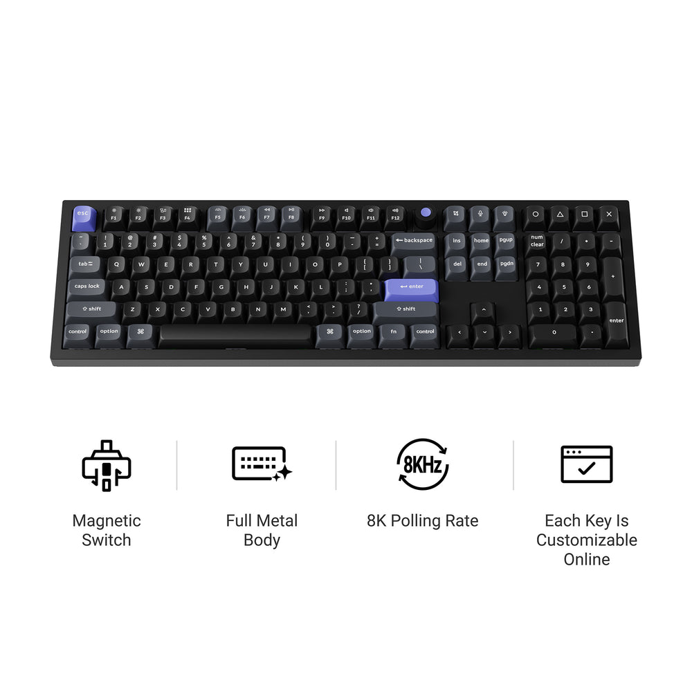 Mechanical keyboard with features listed on a white background