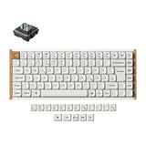 Mechanical keyboard with white keys and wooden frame