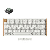 Mechanical keyboard with white keys and wooden frame