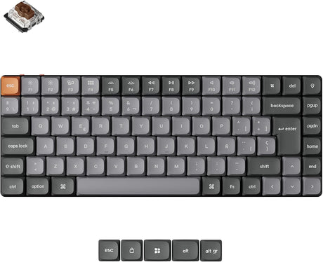 A compact mechanical keyboard layout shown on a white background, with a small inset of a switch in the top-left corner and four keycap legends labeled erso, lock, alt, and alt gr at the bottom. The keyboard has mostly dark gray to black keys with a single orange accent key at the upper left.