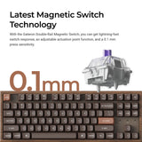 Wooden magnetic-switch keyboard with adjustable actuation and 0.1 mm sensitivity.