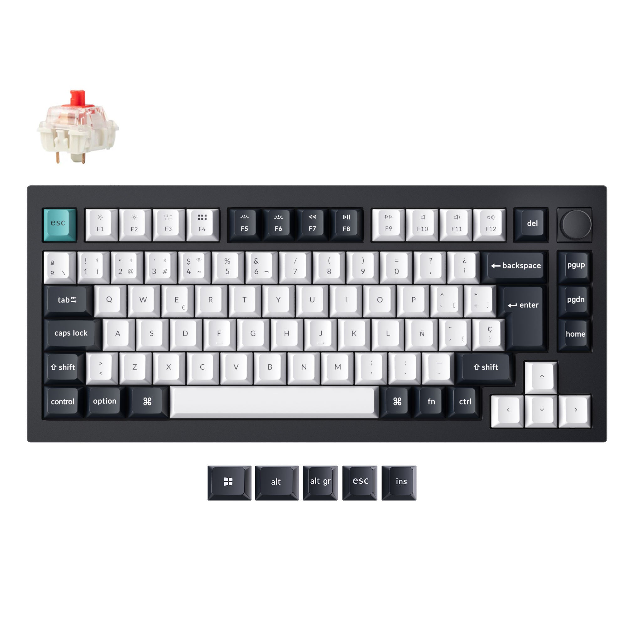 Mechanical keyboard with white keycaps on a white background