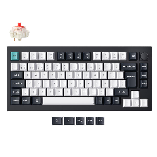 Mechanical keyboard with white keycaps on a white background