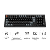 A black mechanical keyboard with gray and red keycaps, shown on a white background with feature icons and text below, including 8K polling rate, Bluetooth 5.3 support, 660-hour battery life, and customization options.