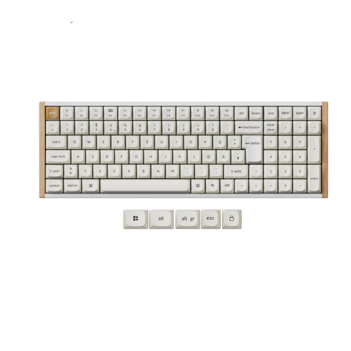 Keyboard with wooden frame and white keys on a white background